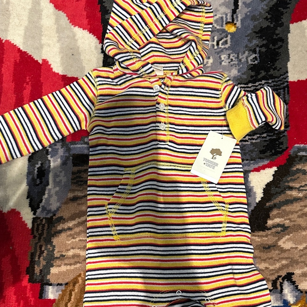 Tucker + Tate Striped Multicolor one piece, snap crotch with hood 9months NWT